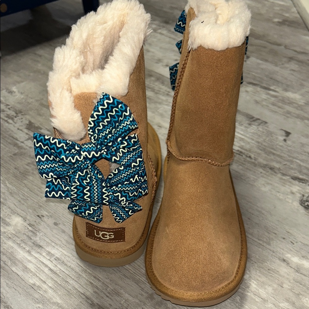 UGG Tan Boots with Blue Zigzag Bows